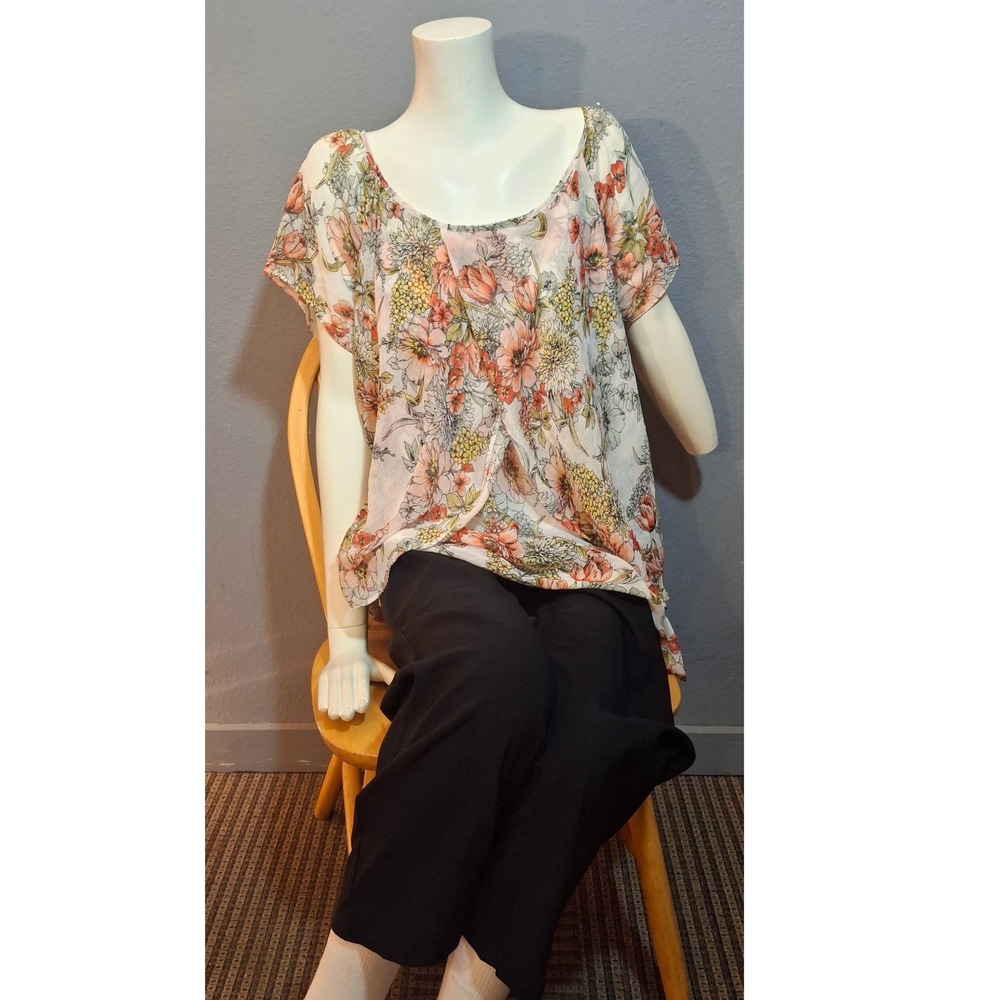 Roz & Ali Floral Chiffon Layered Blouse Short Sleeve Orange and White 2X